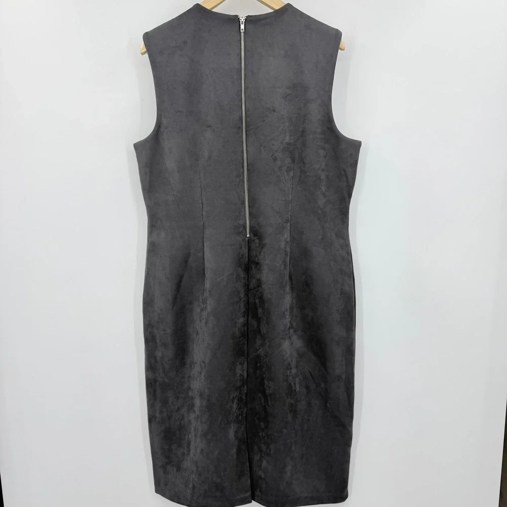 Nina Leonard Charcoal Grey Faux Suede V-Neck Sheath Dress XL Sleeveless Midi